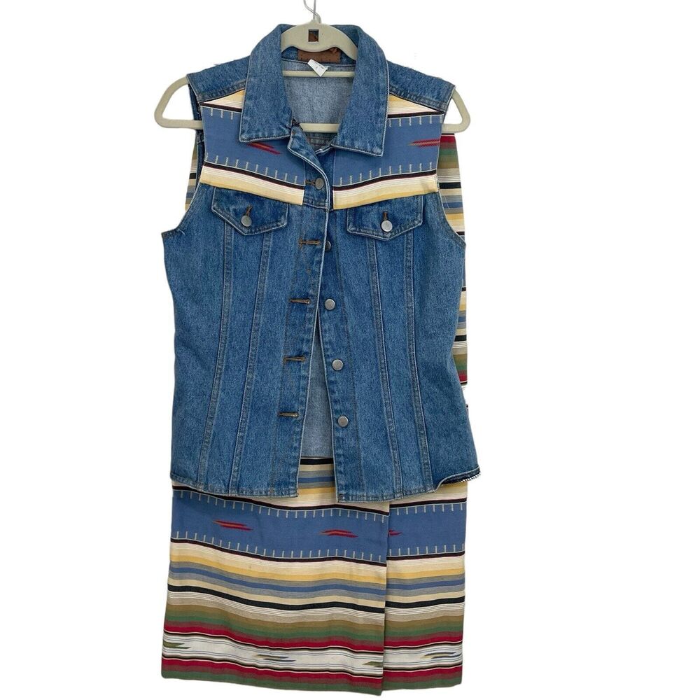 Painted Pony Denim Skirt Vest Set Womens S Aztec Southwestern Western Outfit VTG